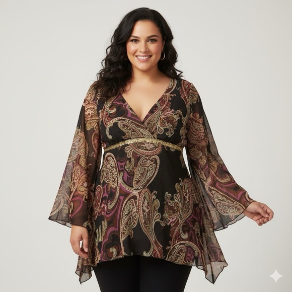 Vintage Talent USA Boho Paisley Sheer Tunic Top – Size 2X - Picture 1 of 9